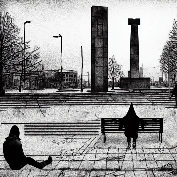 Prompt: sadie sink in hoodie sits on bench in ruined square, pedestrians walk by, old soviet monument. storyboard, scifi cyberpunk. by gabriel hardman, joe alves, chris bonura. cinematic atmosphere, detailed and intricate, perfect anatomy