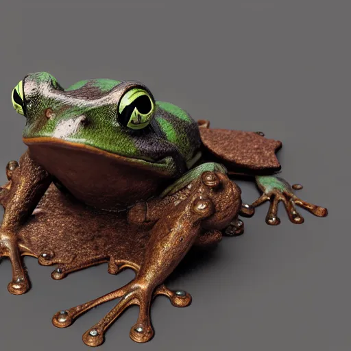 Prompt: frog made out of rusty gear, octane render
