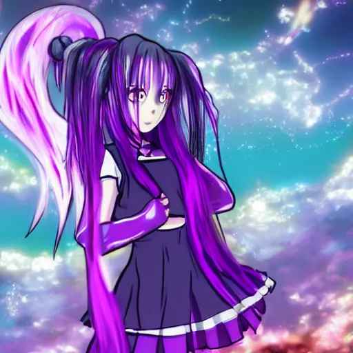 Prompt: ethereal AMV purple haired anime girl wearing a schoolgirl outfit floating in a psychedelic apocalypse in the style of Demon-Slayer