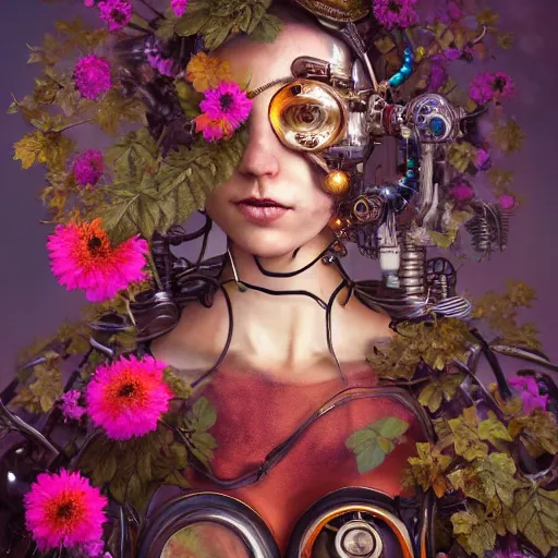 Image similar to a beautiful intricate fine art portrait photo of a farewell moment between a mechanical industrial steampunk cybernetic robot and a human overgrown with colorful flowers and leaves by tom bagshaw and zach sutton, golden ratio composition, studio lighting, 50mm lens, very detailed, bionic, cybernetic scifi, deep depth of field, artstation, 8K, highly coherent