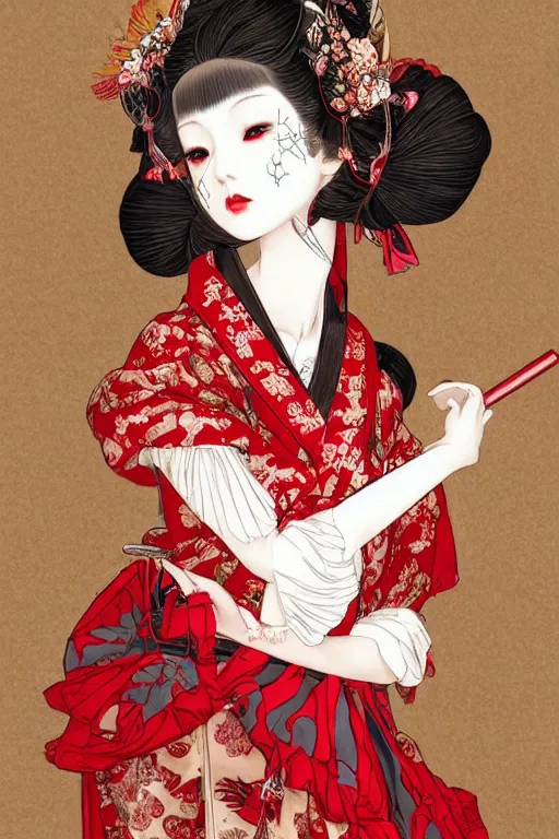 Prompt: japanese bjd geisha in victorian red dress in the style of dark - fantasy lolita fashion painted by yoshitaka amano, takato yamamoto, james jean, symmetrical vogue face portrait, volumetrics, intricate detail, artstation, cgsociety, artgerm, gold skulls, rococo