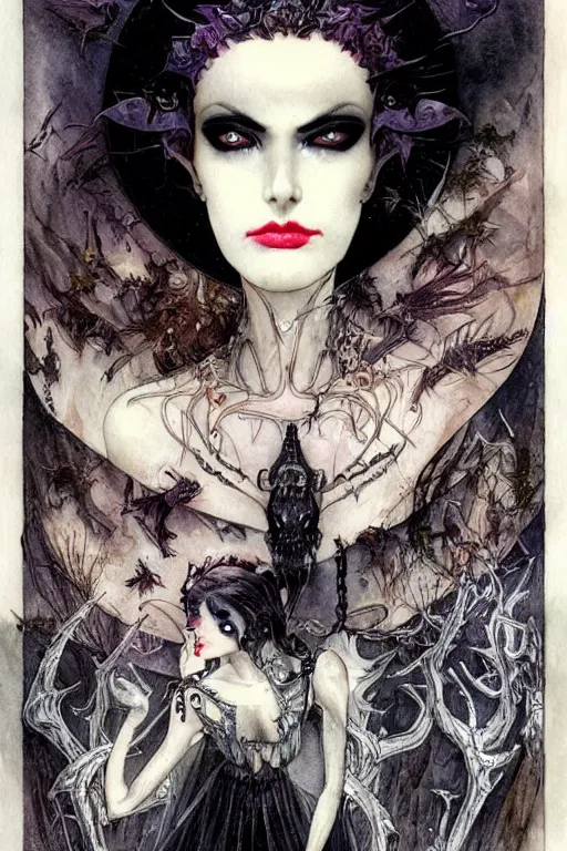 Image similar to dark vampire queen closeup face surrounded by bats, art by luis royo and walter crane and kay nielsen, watercolor illustration,