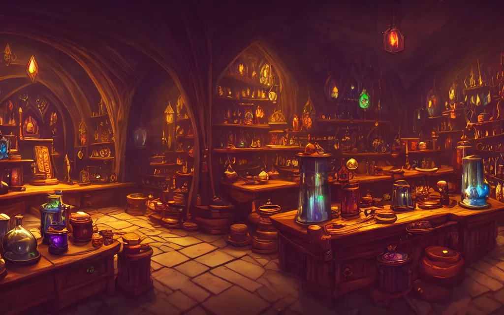 Prompt: inside a magical item shop, fantasy potion vendor interior, ufotable studio art style, wide angle, gothic interior, unreal enngine ,8K