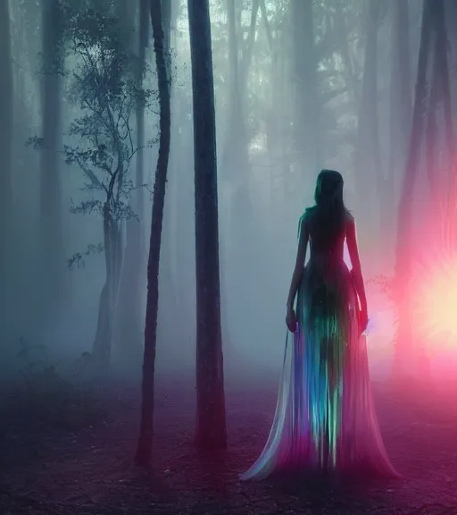 Image similar to daydreaming of the maiden with fuidity transparent dress in the blockchain cyberpunk forest by maciej kuciara, majestic light, octane render, fog, ethereal glare of the sun, rainbow rain, volumetric lighting, hyperealistic, epic, masterpiece