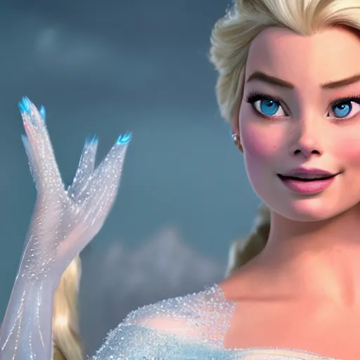 Image similar to Margot Robbie as Elsa in disney frozen live action, 8k full HD photo, cinematic lighting, anatomically correct, oscar award winning, action filled, correct eye placement,