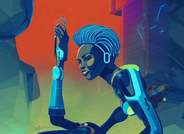 Image similar to a black woman with blue hair wearing a futuristic outfit by kilian eng, trending on behance, afrofuturism, futuristic, airbrush art, future tech
