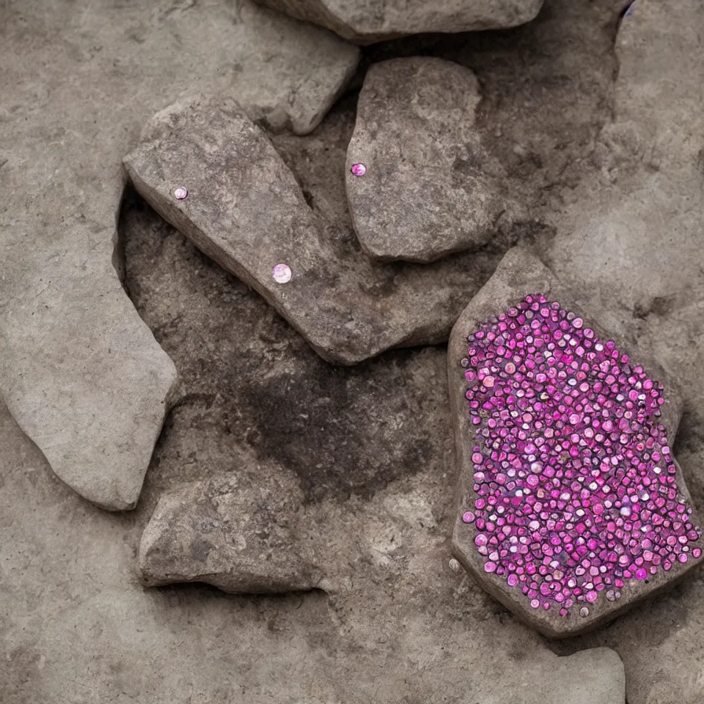 Prompt: Primitive stone computer with pink rhinestones, National Geographic, 8K