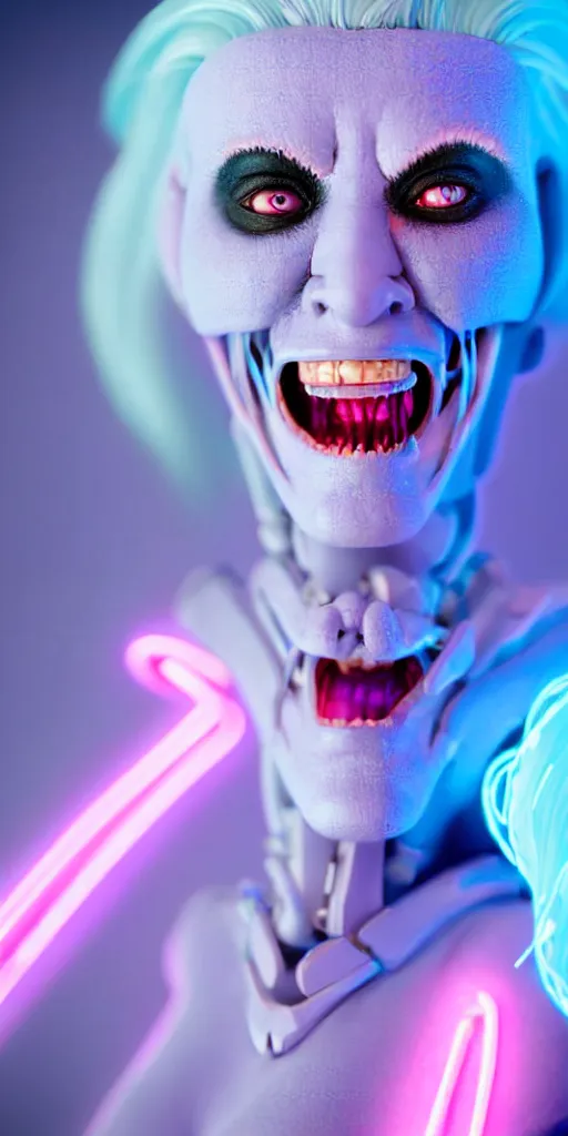 Image similar to high quality photo close-up of gothic cyborg woman laughing with white hair and pearlescent blue skin key sage wayne barlowe very soft pink neon lighting on one side wide angle 35mm shallow depth of field 8k