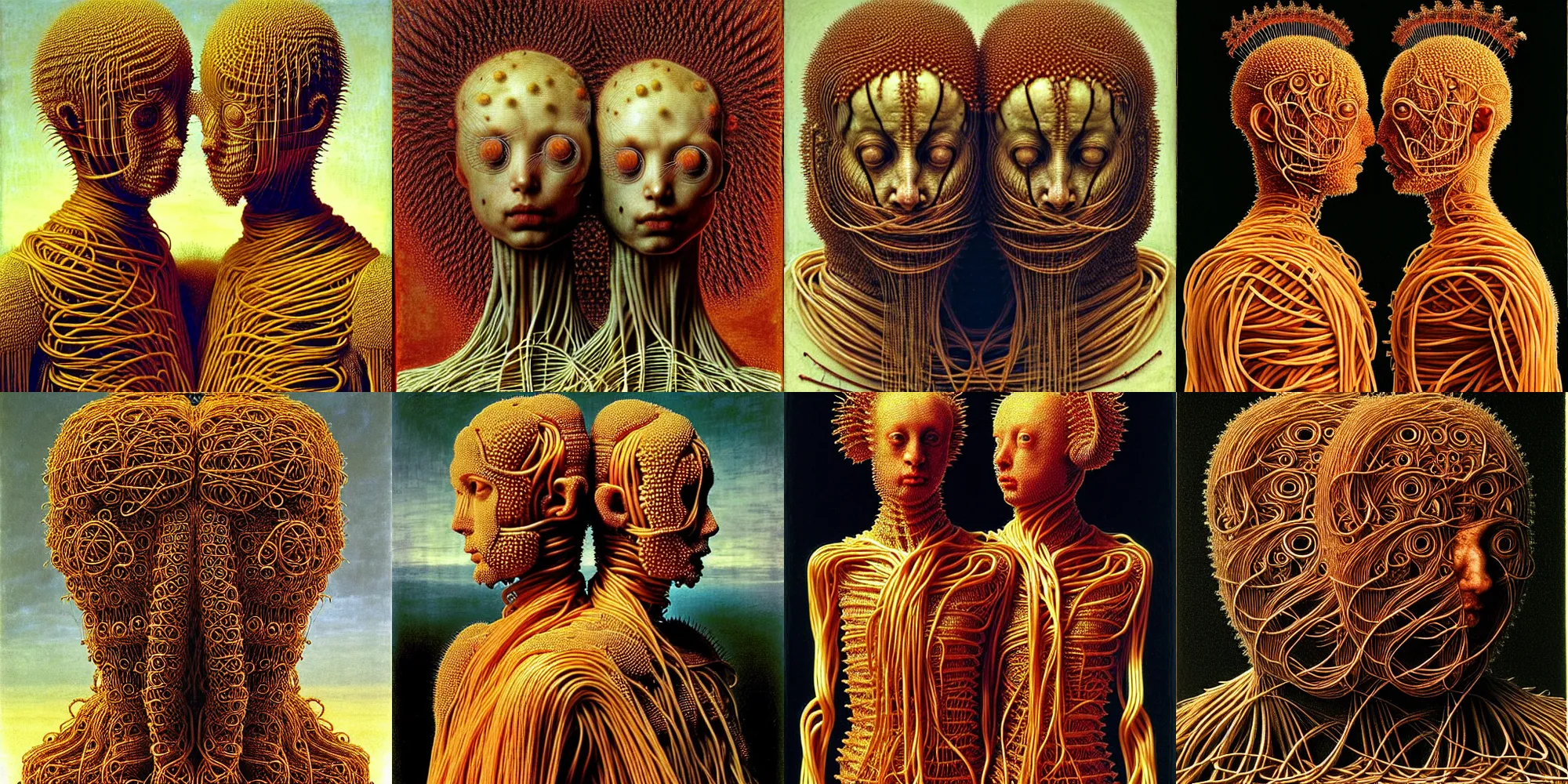 Prompt: siamese twins made of spaghetti, 7 0 mm, wide angle, intricate armor made of fractals of spaghetti, by giuseppe arcimboldo and ambrosius benson, renaissance, a touch of beksinski, realistic