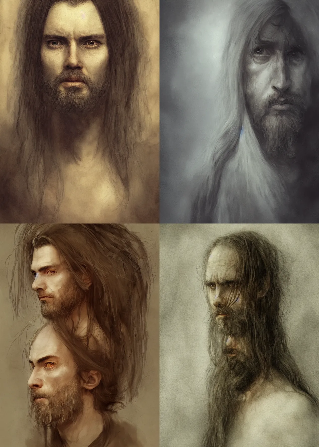 Prompt: portrait of a master with long hairs in alan lee and marc simonetti and emil melmoth style , cinematic lighting