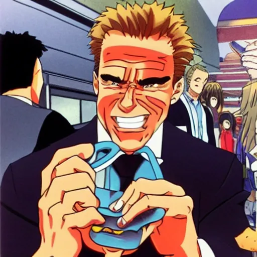 Prompt: schwarzenegger eating anime