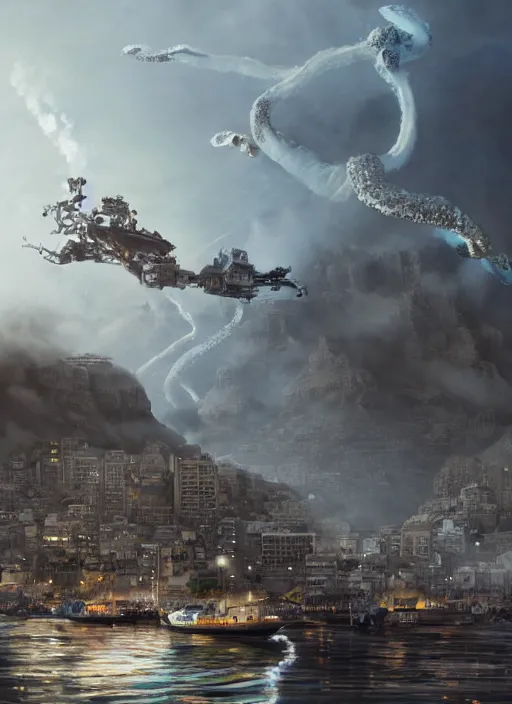 Image similar to hyper realistic squid shaped robot attacking cape town city, table mountain explosions, atmospheric beautiful details, strong composition drawn in ink by kim jung giu weta studio rutkowski, james gurney and greg rutkowski, and lucasfilm