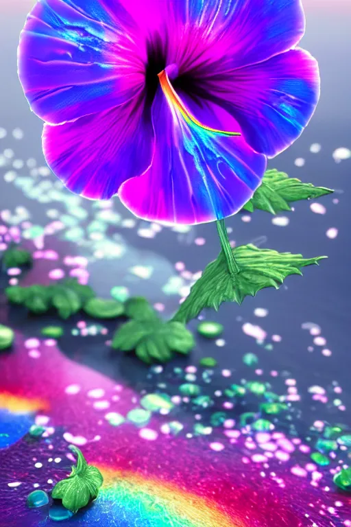 Image similar to an iridescent hibiscus by yusuke murata and makoto shinkai, 8 k, high resolution render, cinematic, unreal engine, featured on artstation, epic scale, volumetric lighting, ultra wide angle, intricate details, crystal, rainbow colors