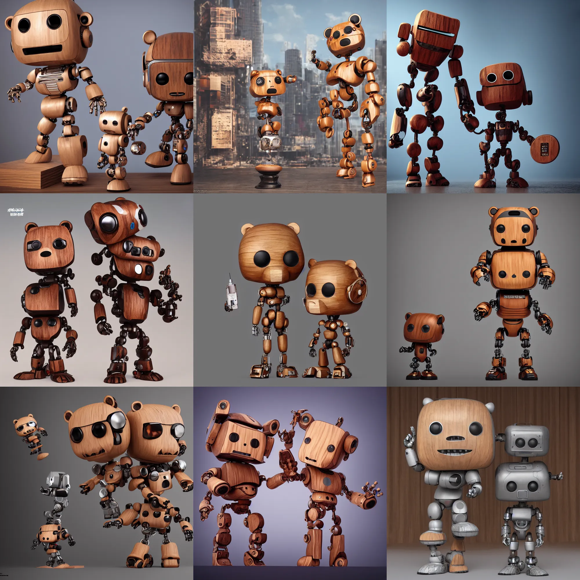Prompt: 8 k octane render sculpture photorealistic beautiful character wooden design, art toys collectible figurine, mascot pop funko, very cute bear robot android cyberpunk, contemporary art gallery in background concept art cgsociety