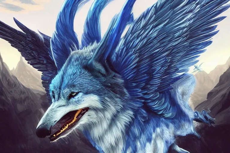 Image similar to Blue feathered wolf with wings on a beautiful fantasy landscape, hills, mountains, moonlit, HD, illustration, epic, D&D, fantasy, intricate, elegant, highly detailed, digital painting, artstation, concept art, smooth, sharp focus, illustration, wallpaper, art by artgerm and greg rutkowski and alphonse mucha and jin xiaodi