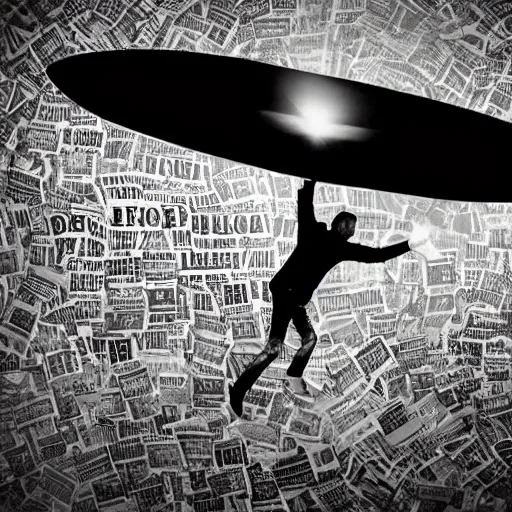 Image similar to photo of person reaching up to touch a ufo made of newspapers