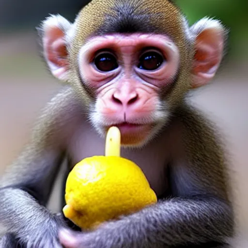 Image similar to baby monkey drinking lemonade, 4k, 8k, realistic, cute,