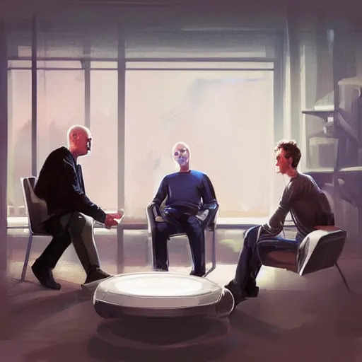 Image similar to cell shaded illustration of a meeting between elon musk, mark zuckerberg, jeff bezos, very detailled, art contest winner on behance, trendy on deviant art, by by artgem, greg rutkowski, by greg tocchini, by joe fenton