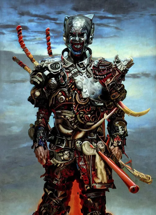 Image similar to portrait of a diabolical cyborg clown samurai, torn cape, adaptive armor, dynamic pose, heavy eyes to the side, ancient ruins, glowing veins subsurface scattering, in clouds, sunset, portrait, by gerald brom, by mikhail vrubel, by peter elson, muted colors, extreme detail, reflections, trending on artstation, 8 k