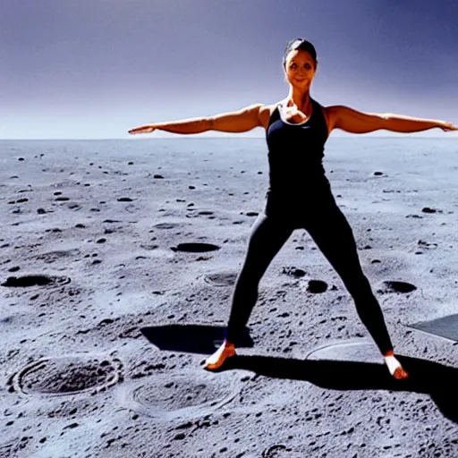 Prompt: female yoga instructor on a surface of the moon, earth planet visible in the distance