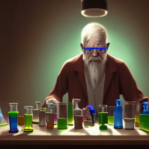 Prompt: an old wizard who is mixing bottles of colored liquids in laboratory, photorealistic, cinematic lighting, highly detailed