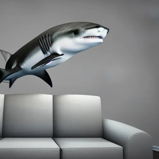 Image similar to realistic 3d render of a shark sitting on the couch watching tv octane cinema 4d