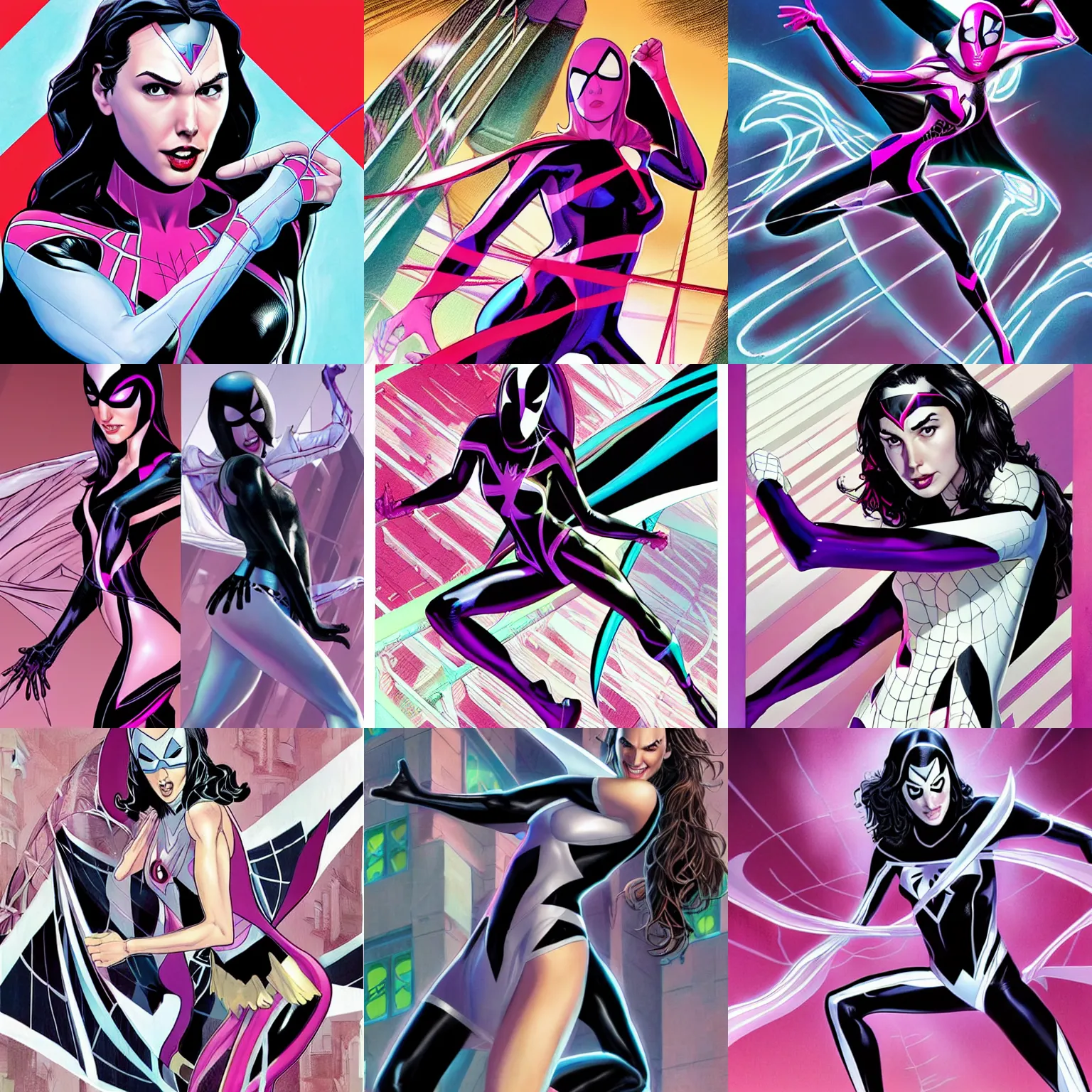 Prompt: Gal Gadot as Spider-Gwen by brian bolland by alex ross by Esad Ribic by Greg Land digital painting digital art