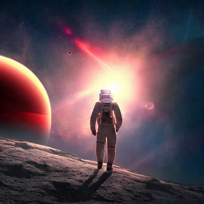 Image similar to a astronaut walking on a alien planet with a red giant galaxy appearing in the sky, digital art, concept art, trending on DeviantArt, highly detailed, high quality, 8K HDR, cinematic lighting, breathtaking image