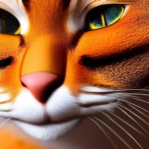 Image similar to hyperrealistic picture of the cat Garfield, orange fur, intricate, hyperdetailed, trending on Artstation, 4k, 6k