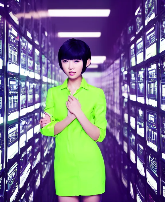 Prompt: asian girl, neon green bobbed and bowl cut hair, standing in a server room, wearing business casual dress, 4 k, vaporwave, cinecolor, perfect detail, realism