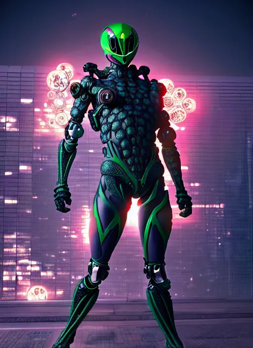 Image similar to kamen rider action pose, human structure concept art, human anatomy, full body hero, intricate detail, hyperrealistic art and illustration by irakli nadar and alexandre ferra, global illumination, on tokyo cyberpunk night rooftop, frostbite engine