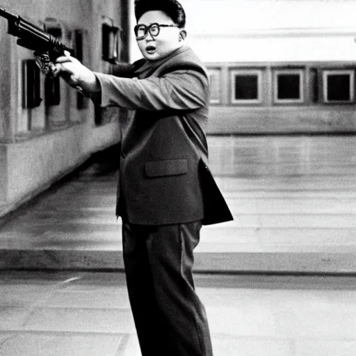 Image similar to Kim Jong-il in the role of James Bond, action filmstill, 1960s spy, Walther PPK, iconic James Bond shot