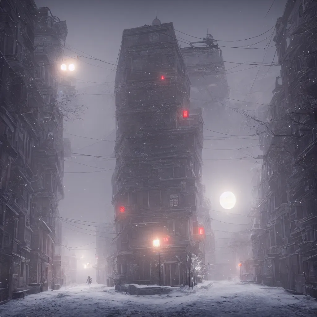 Prompt: a snowy street, red moon, unreal engine, global illumination, smoke, detailed and intricate environment, mysterious, in the style of aetherpunk