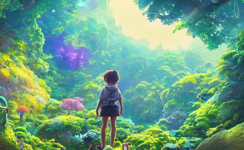 Prompt: a still of a cute adorable tiny astronaut, on a planet of lush colorful foliage surrounded by kaiju monsters, magical forest, sharp focus, neon backlit, highly detailed, disney pixar studio ghibli makoto shinkai, digital painting, matte, octane render, cinematic volumetric lighting, global illumination, iridescent, anime, 8 k concept art