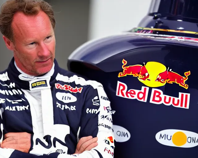Prompt: red bull f 1 team principal christian horner grows a giant horn from his forehead