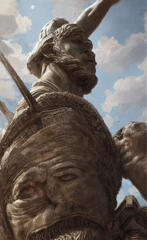 Image similar to looking up at a colossal statue of an old king at the entrance of an ancient greek harbor, greg rutkowski, 8 k, shallow depth of field, intricate detail, concept art,