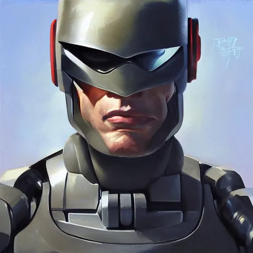 Image similar to greg manchess portrait painting of peter weller combined with the robocop as overwatch character, medium shot, asymmetrical, profile picture, organic painting, sunny day, matte painting, bold shapes, hard edges, street art, trending on artstation, by huang guangjian and gil elvgren and sachin teng