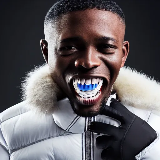 Prompt: photo, black man, silver metallic moncler jacket, baring his teeth like a dog