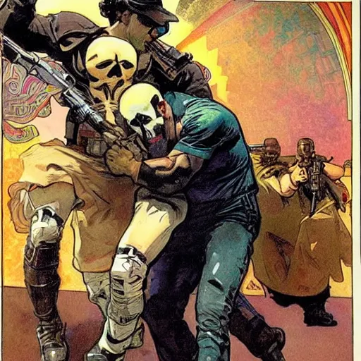 Image similar to The punisher putting a cop in a headlock. Concept art by James Gurney, Alphonso Mucha. Vivid color scheme.