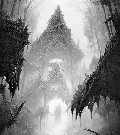 Image similar to beautiful fractal black and white drawing, in the style of greg rutkowski, fantasy, amazing detail, epic, intricate, elegant, smooth, sharp focus