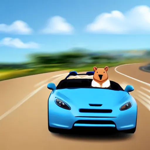 Image similar to A capybara driving a blue convertible sports car at high speeds, photorealistic, 8k