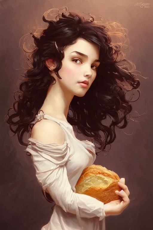 Image similar to beautiful goblincore of a girl with short black curly hair, round face, cute face, holding a loaf of bread. intricate, elegant. highly detailed, digital painting, artstation, concept art, smooth, sharp, focus, illustration. . art by artgerm and greg rutkowski and alphonse mucha