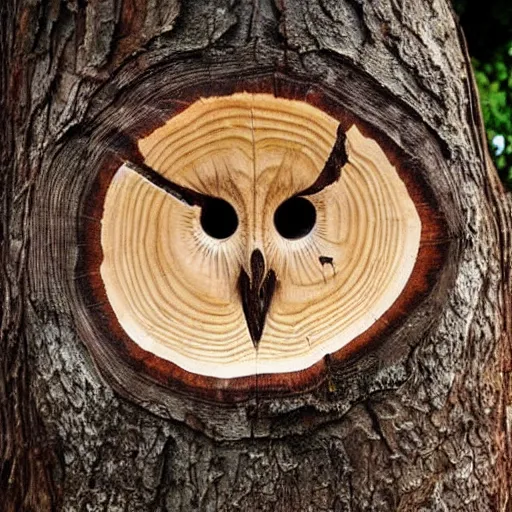 Prompt: tree rings etched into a tree stump in the shape of an owl face