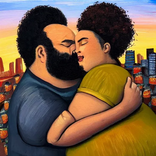 Prompt: An obese, balding, middle aged man with a big beard shares a loving embrace with a girl on primrose hill, overlooking the city of London. They are surrounded by beer and wine bottles. Golden hour. Oil painting