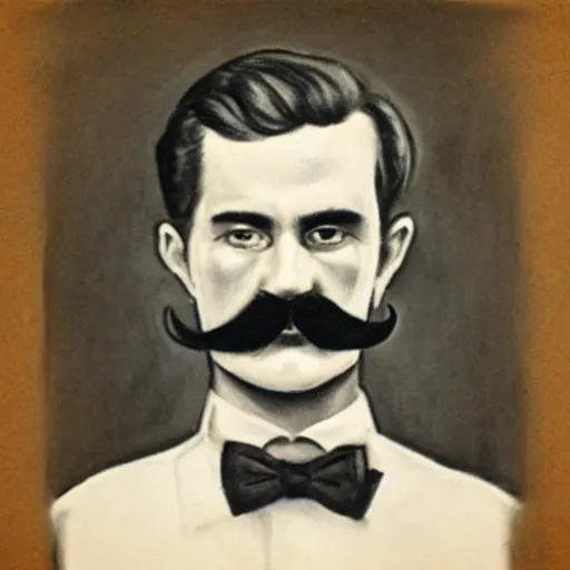 Image similar to charcoal portrait of an early 20th century occult detective mustache, bow tie