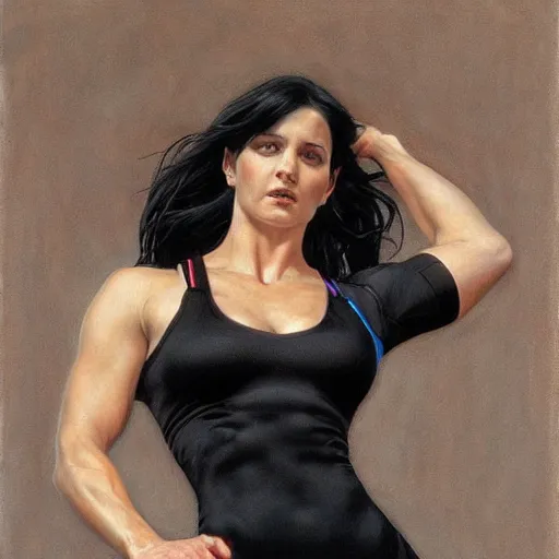 Prompt: athletic woman with black hair, dressed all in black, by donato giancola, alex ross, and berthold woltze.