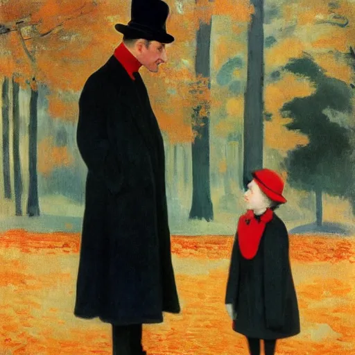 Prompt: a thin man in a black coat and bowler hat talks with small young girl who is dressed in a red coat and a red hat, park, autumn, 1923, wide angle, high detail, in style of edouard manet, 8k, width 768