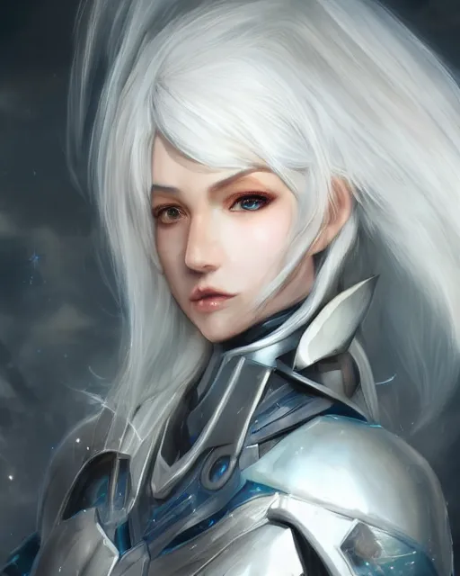 Image similar to perfect white haired girl, warframe armor, beautiful, dreamy, half asian, pretty face, blue eyes, detailed, windy weather, scifi, utopian architecture, laboratory, 4 k, ultra realistic, epic lighting, cinematic, high detail, masterpiece, art by akihito tsukushi, akasuki voidstar