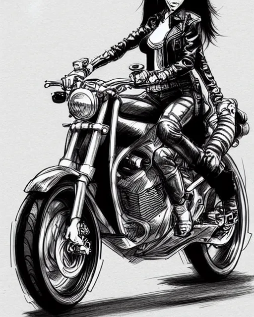 Image similar to an attractive woman on a motorcycle in the style of kim jung gi, sketch, drawing, detailed, art, high definition, high quality