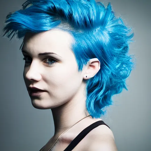 Prompt: photo of young cute punk woman with blue pixie cut posing, hyper detailed